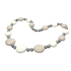 Vintage Beaded Necklace Round Grey Beige Off White Speckled 20"